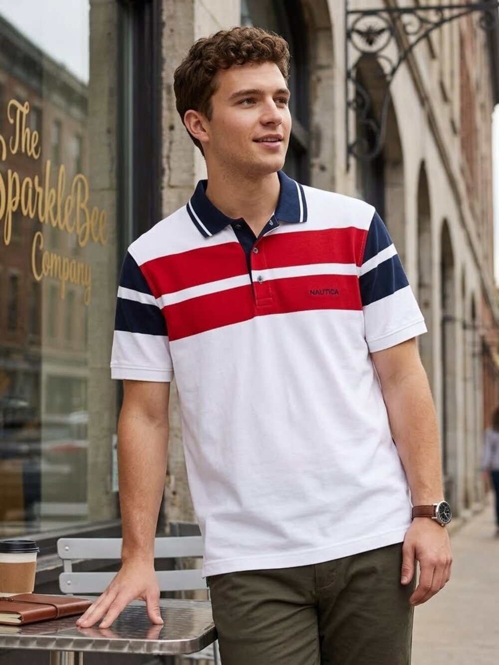 Nautica Polo Men's Shirt White With Red Lines And Blue Navy Size Large